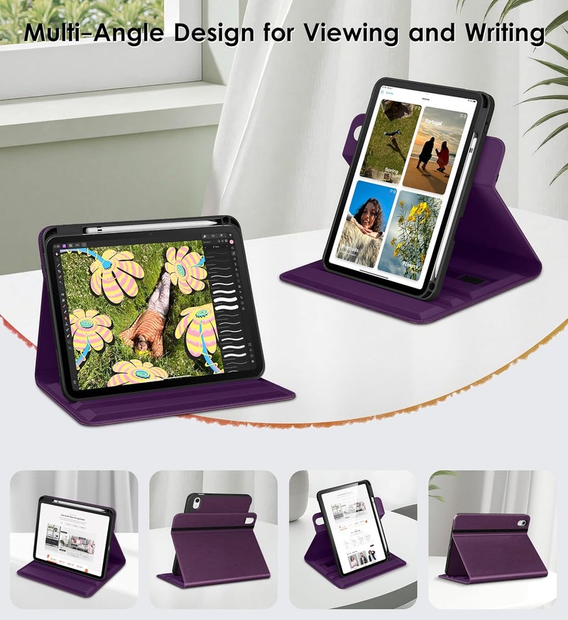 DTTO for iPad A16 Case, iPad 11th / 10th Generation Case (2025/2022), 360 Degree Rotating Premium Leather Folio Stand Cover with Pencil Holder, Purple - Image 2